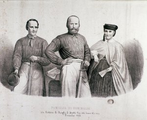 リソルジメントの英雄ジュゼッペ・ガリバルディ（1807-1882）の娘テレシタと妻ステファノ・カンツィオの間の肖像。1862年のリトグラフ 個人蔵 作： Unknown artist