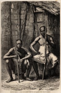 2人のバカリ族の戦士の肖像。H.Castelliが、1861年から1864年にかけてのグリフォン・デュ・ベレー医師のガボンへの旅を説明するために描いたもの。エドゥアール・シャルトン編「世界一周」に掲載された版画。