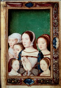 フランソワ1世とその2人の妻の娘たちのポートレートです。女の子。ルイーズ（1515年～1517年）。シャルロット（1516年 - 1524年）、マドレーヌ（1520年 - 1537年）、マルグリット（1523年 - 1574年）。フランスのクロード（1499年〜1524年）とハプスブルクのエレオノーレ（1498年〜1558年）。ブック・オブ・ホー」のミニチュア 作： Unknown artist