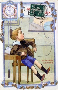 子供の一日の流れを表したポストカードです。10時になると、子供は学校に行きます。