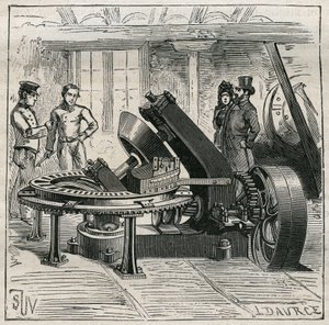 陶器。レンガの機械成形に使用されるフルーリー社の機械。Adolphe BITARDの "Les arts et metiers illustres "に掲載された1885年の図版。 作： Unknown artist
