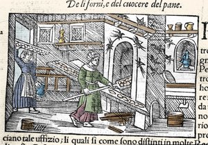 オーブンでのパンの準備と焼き上げ。オラウス・マグヌス（1490-1557）（スウェーデンの宗教家、地理学者）の版画、「Historia de Gentis Septentrionalibus」、ヴェネツィア 作： Unknown artist