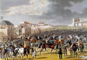 エプソムレース（エプソムオークス：イギリスの競馬）の準備風景。19世紀のエングレーヴィング プライベート・コレクション 作： Unknown artist