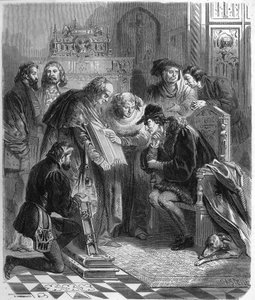 フランス王ルイ11世（1423-1483）に印刷された聖書を贈呈。