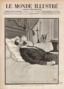 共和国大統領サディ・カルノー（1837-1894）が死の床にあるとき、労働組合やアナキストの扇動の中で、6月24日にリヨンの展示会でサンテ・カセリオ（1873-1894）に暗殺され、その後も暗殺された。Le monde illustrious」のエングレーヴィング f 作： Unknown artist