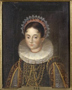 Princes Elisabeth de Suede, duchesse consort de Mecklembourg Gadebusch - Portrait of Princess Elizabeth of Sweden (1549-1597), Duchess of Mecklenburg, Anonymous .キャンバスに油彩。サイズ : 28x22 cm。ストックホルム国立博物館 作： Unknown artist