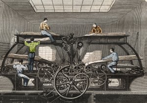 印刷機：パリの新聞 "Le Siecle "の印刷機。1857年に制作された "Le Musee Des Sciences "のエングレーヴィング 作： Unknown artist