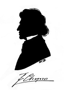 ポーランドの作曲家フレデリック・ショパン（1810-1849）のプロフィール・シルエットと直筆サイン。19世紀 作： Unknown artist