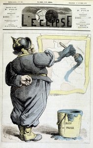 アルザス・ロレーヌの国境をプロシアの青になぞらえたプロシア兵（1870年の戦争による同地域の併合に言及）-1873年10月19日の「L