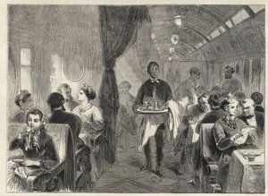 1869年の太平洋鉄道のプルマンダイニングキャリッジ - 太平洋鉄道のワゴンホテルの中で-。 作： Unknown artist