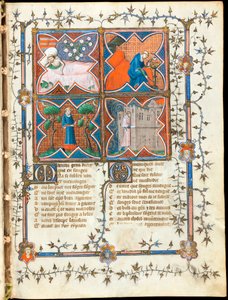 1353 年頃、スイスのギヨーム・ド・ロリス (1200 年から 1238 年頃) とジャン・ド・メン (1240 年から 1305 年) による写本「ル・ロマン・ド・ラ・ローズ」の「「さまざまな活動で忙しい 4 人の男性」」ページが照らされました。ジュネーブ図書館
