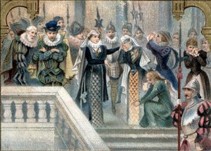 スコットランド女王マリー・スチュアート（1542-1587）は、宮廷の女性たちに最後の別れを告げました。19世紀末のクロモリトグラフ。