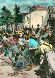 人種差別のシーン。アメリカで白人を殺したと非難された黒人のリンチ。19世紀のエングレーヴィング。