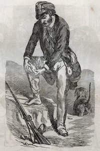 怒り-怒りを持った動物に噛まれた時の処置-傷口を押さえる傷-1852年の「La Sante Universelle - Medical Guide for Families」の刻印 作： Unknown artist
