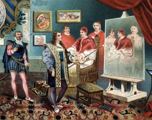 教皇レオン10世（レオーネ10）の肖像画を描くラファエロ（ラファエロ・サンツィオ）は、枢機卿ジュール・ド・メディシス（ジュリオ）（教皇クレメンス7世）を囲んでいる。 作： Unknown artist