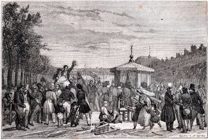 1830年7月26日、内戦中のパリの王宮の庭園にある新聞Moniteurに掲載された判決の読み方-革命1830-1830年7月26日午後7時のルモニトゥール、オジャルダンデュパレロイヤルでの講義の説明- 作： Unknown