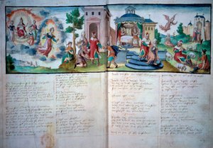 宗教劇：1547年にヴァランシエンヌで上演された「受難と復活」。水彩画が描かれた手稿ページ、パリ、B.N. 作： Unknown artist