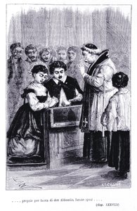レンツォとルチアの結婚式。アレッサンドロ・マンゾーニ（1785-1873）の「Les fiances（I promessi Sposi）」に掲載されている版画。 作： Unknown artist