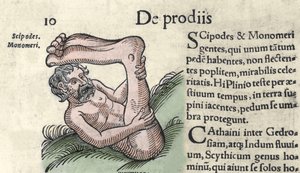 Sciapodの怪物の表現 1557年、Wolfhart（Conrad Lycosthene）の「The Book of Prodigiorum ac ostentorum Chronicon Basileae」からのエングレーヴィング。 作： Unknown artist