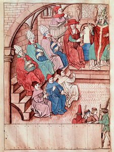 1414年から1418年の間に開催されたコンスタンツ公会議の様子を表したもので、上には教皇マルティヌス5世が乗っています（View of the Council of Constance, ca 1417） Ulrich Richental（1360-1437）による「コンスタンツ公会議の年代記」から抜粋したミニチュアです。 作： Unknown artist
