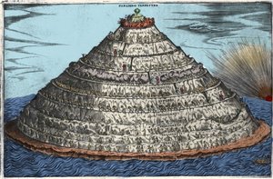 ダンテ・アリギエーリ（1265-1321）の『神曲』の後に描かれた煉獄の表現：上部には地上の楽園がある。17世紀の匿名の彫像 作： Unknown artist