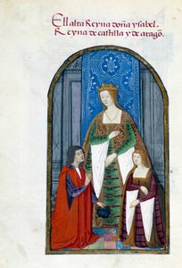 スペイン女王イザベラ・ザ・カトリック（1451-1504）、その娘ジャンヌ・イエール・ザ・フォル（1479-1555）、ペドロ・マルクーロを表現したもの。ペドロ・マルの「スペイン女王ジョアン・ジ・フォル（1479-1555）の献身のコレクション」から抜粋した原稿のページ 作： Unknown artist
