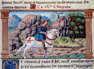 ヴェネツィアの航海士マルコ・ポーロ（1254-1324）の馬上での表現」 マルコ・ポーロ（1254-1324）の「不思議の書」（「世界の折衷」、「イル・ミリオーネ」）からのミニチュア。1298.パリ、アーセナルの図書館