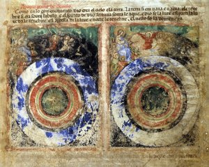 世界の創造を表す。創世記。コーデックス212（またはパドヴァノ・コーディス、パドヴァの聖書）のミニチュア 1390-1400年 ロヴィーゴ、アカデミア・デイ・コンコルディ 作： Unknown artist