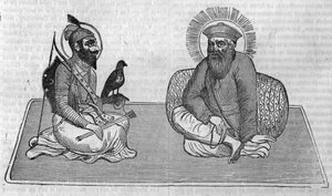シーク教（またはシークの宗教）の創始者を表したもの。グル・ナーナク（1469-1539）とグル・ゴビンド・シン（1666-1708）。1836年「Le magazin picturesque」にて 作： Unknown artist