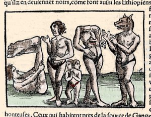 アメリゴ ベスプッチ (1451-1512) が記述したモンスターの表現: 左から順に、マノポード、サイクロプス、2 つの頭を持つ人間、頭のない人間、犬の頭を持つ人間 (サイノケファルス) 。セバスチャン・ミュンスターの「ユニバーサル」から引用されたXilography 作： Unknown artist
