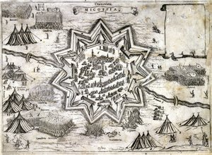 リチャード・ライオン・ハートによる第3回十字軍遠征中の1191年、キプロス島のニコシア包囲戦の様子を表現したもの。16世紀。 作： Unknown artist