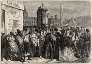 1868年9月のスペイン革命（グロリオサ）：マドリッドのアルカラ通りで、軍閥のマニフェストを読む。L