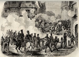 革命1848年～1849年、ドイツ、フランクフルト-9月18日、ドイツのフランクフルトでバリケードを襲撃する軍隊 作： Unknown artist