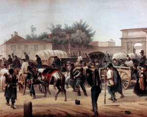 リソルジメント。ミラノの5日間（Cinque giornate di Milano）（1848年3月18日〜22日）：これは1848年の革命（第一次イタリア独立戦争の一部）の最初のエピソードのひとつで、ミラノの人々が反乱を起こしたことを示している。 作： Unknown artist