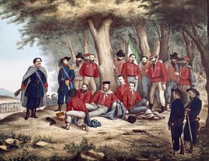 リソルジメント。「イタリアの愛国者ジュゼッペ・ガリバルディ（1807-1882）が1862年8月29日にアスプロモンテで負傷し、兵士に運ばれる」（絵画 作： Unknown artist