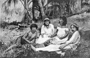 ロバート・ルイス・スティーブンソン(1850 - 1894)が、ヴァイリマに住居を構えていたサモアで、妻と一緒に撮影したもの。1890-1895年頃のエングレーヴィング。 作： Unknown artist