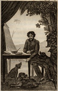 ダニエル・デフォーの "Les aventures de Robinson Crusoe"(1660-1731)に挿入されたエングレーヴィング、la librairie d