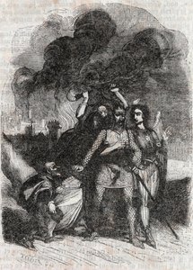 ロドモンがパリを捨てる-ルドヴィコ・アリオストの「Roland furieux（Orlando furioso）」（16世紀）より1851年の版画、通称「アリオスタ」-トレッサン伯爵がイタリア語から翻訳し、ギュスターヴ・ハーバードが出版した版。 作： Unknown artist