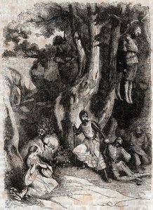 ローランと洞窟の7人の山賊-ルドヴィコ・アリオストの「激情のローラン」（Orlando furioso）（16世紀）からの1851年の版画、通称アリオスタ-トレサン伯爵がイタリア語から翻訳し、ギュスターヴ・ハーバードが出版した版。 作： Unknown artist