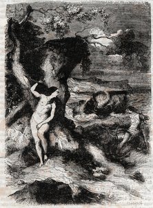 Roland delivre Olympe - Ludovico Ariostoの "Roland furieux" (Orlando furioso) (16世紀)からの1851年のエングレーヴィング、通称Ariosto - Edition translated by the Count of Tressan and published by Gustave Harvard 1851 作： Unknown artist