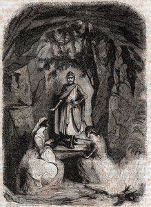 ローランが洞窟でイザベルを見ている-1851年の版画-アリオスタで知られるルドヴィコ・アリオストの「激情のローラン」（Orlando furioso）（16世紀）より-トレッサン伯爵がイタリア語から翻訳し、グスタフ・ハーバードが出版した版 1851年 作： Unknown artist