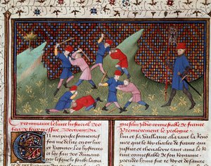 デンマーク人オジェによるローマ人：手とミニチュアスティックによる戦闘 「ベルトラン・デュ・ゲスクリンの年代記」（Ms 490）からの引用 1405 Musee Conde, Chantilly 作： Unknown artist