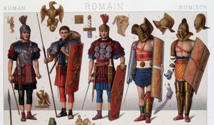 ローマのグラディエーターの衣装と戦士たち。19世紀のクロモリトグラフ。 作： Unknown artist