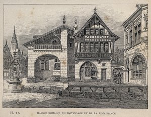 中世・ルネッサンス期のローマの家 - 1889年の「1889年万国博覧会における人間の居住に関する歴史（シャルル・ガルニエ氏著）」に掲載されている1889年のエングレーヴィング。 作： Unknown artist