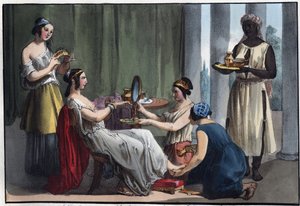 ローマ人女性のトイレ - 「宇宙のすべての人々の用途と習慣」からの彫刻。1856年、「最古の時代から現代までの、すべての国の政府、法律、民兵、宗教の歴史」。 作： Unknown artist