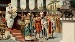 ローマの政治体制。王。伝説のローマ王ヌマ・ポンピリウス（～715年、～672年）は、聖なる盾をサリアンの神官に託した。19世紀末のクロモリ写真。 作： Unknown artist