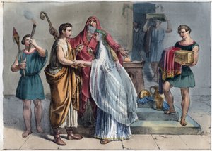 共和国時代のローマの結婚式-「宇宙万民の使用と風習」からの刻印。Or History of the government, laws, militia, religious of all nations from the remotest times to the present day" 1856年 作： Unknown artist