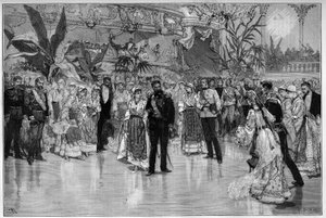ルーマニア：ブカレストの国立劇場で行われたロドルフ皇太子（1858-1889）とステファニー・オーストリア・ハンガリー王女（1864-1945）を讃える舞踏会。"Le Monde Illustré "に掲載された図版 作： Unknown artist