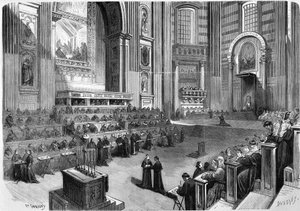 ローマ1869年、12月9日に開催されたエキュメニカル協議会の第1回会合は、サン・ピエトロ教会のトランセプトの右部分で開催されました。 作： Unknown artist