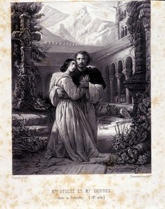 ガエタノ・ドニゼッティ作「お気に入り」第4幕のロジーナ・ストルツとギルバート・デュプレ。1840. 作： Unknown artist